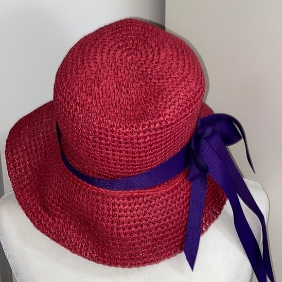 Red Hat Society Casual Straw Hat Purple Ribbon Summer Floppy Relaxed Bohemian - Picture 9 of 13